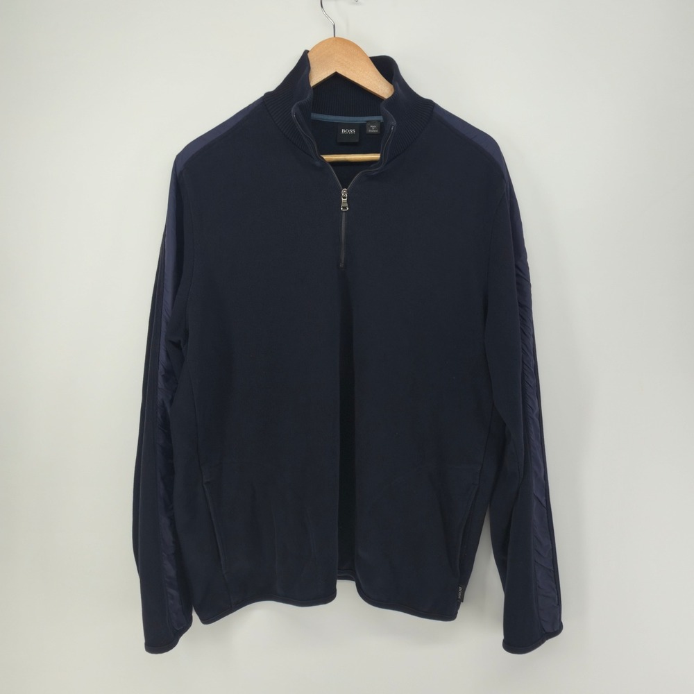 BOSS Hugo Boss Quarter Zip Pullover Men XXL Navy Nylon Trim Mixed Media Sweater